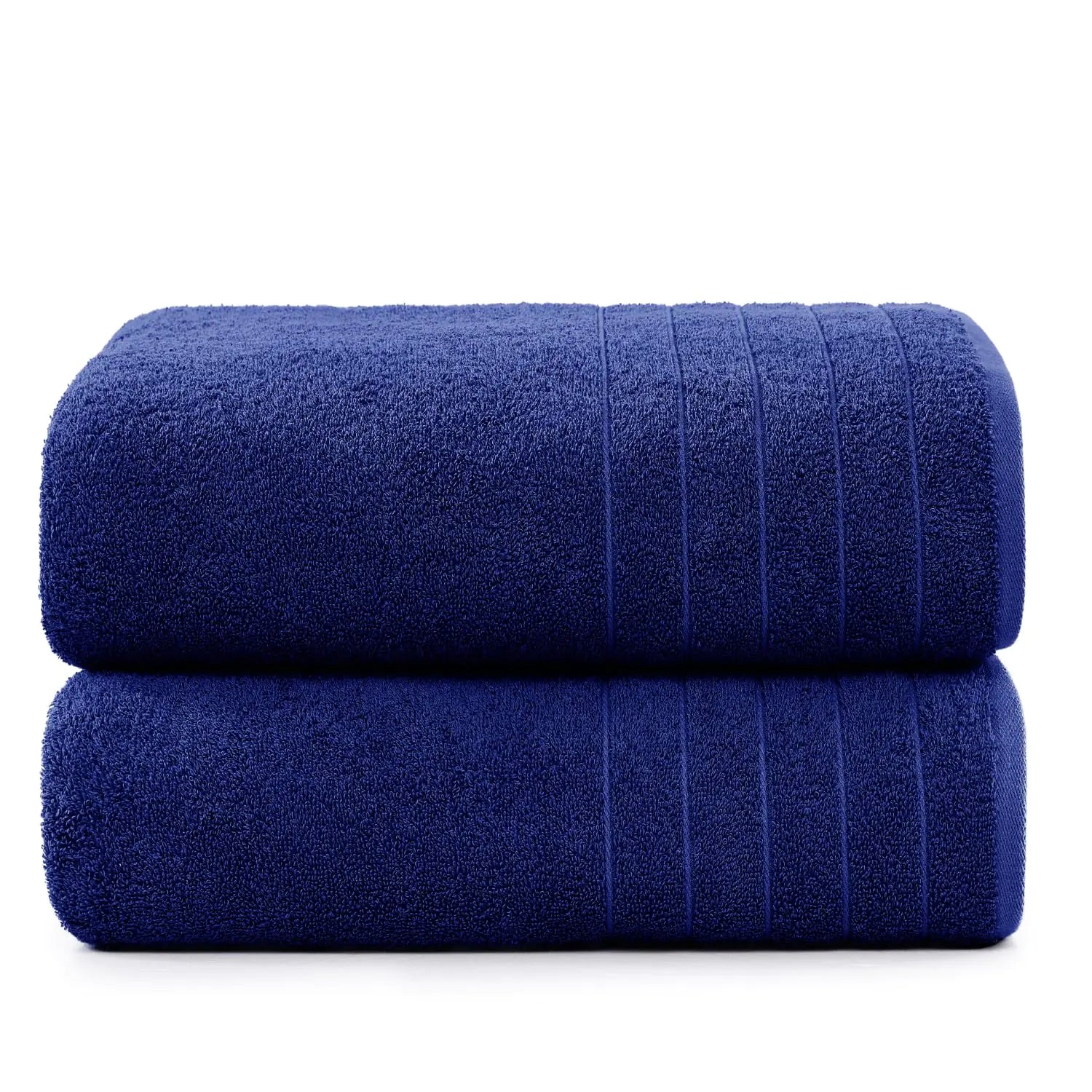 Set of oversized cotton bath towels set in deep navy blue with textured stripe detailing