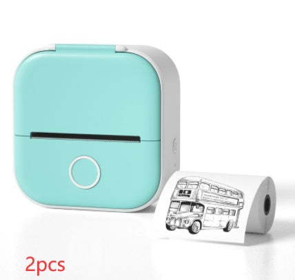 Shopi Vella portable mini thermal label printer in blue with printed bus label and two pieces included
