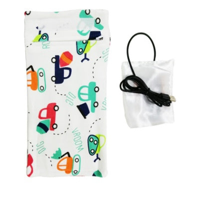 Shopi Vella portable baby bottle warmer with colorful vehicle print pouch and USB charging cable