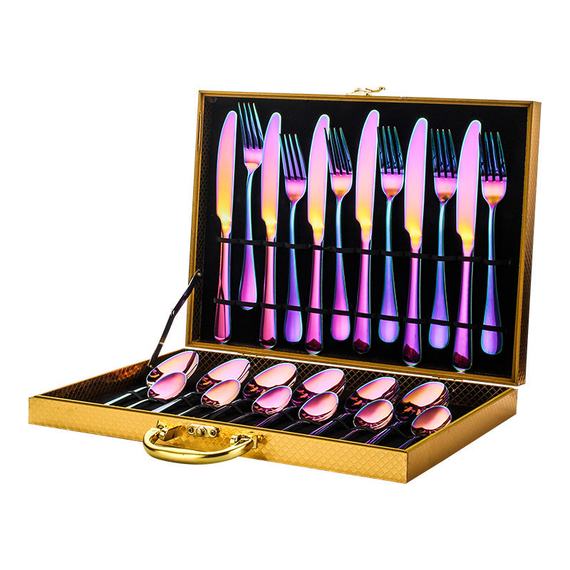 Shopi Vella premium dinnerware for entertaining set with iridescent knives forks and spoons in gold case
