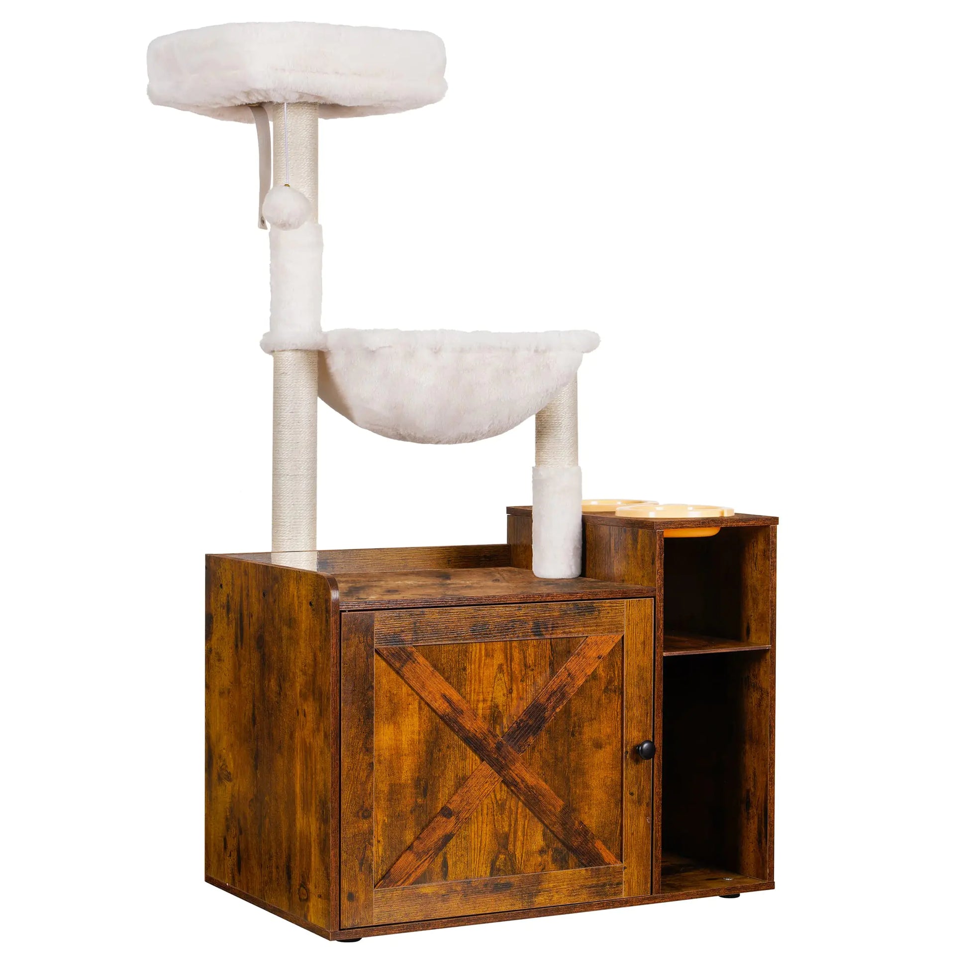 Hey-brother Cat Tree with XL Litter Box Enclosure All-in-one Cat Tower for Indoor Cats with Large Hammock Bed Food Station Scratching Posts Modern Style Pet Furniture Rustic Brown MPJ101SR