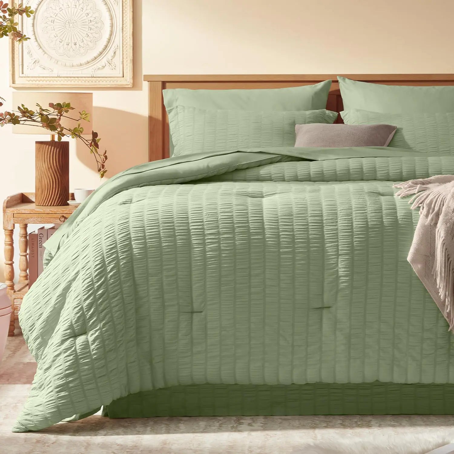 Cozy queen comforter set sage green with matching pillows and textured quilted design