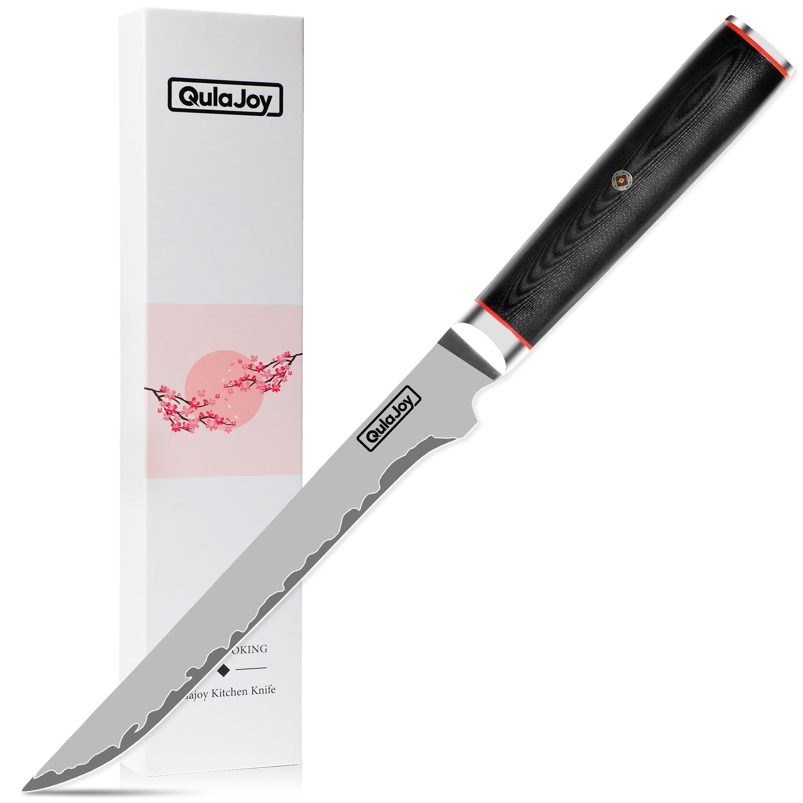 10Cr15MoV steel slicing knife with black ergonomic handle and serrated blade by Shopi Vella