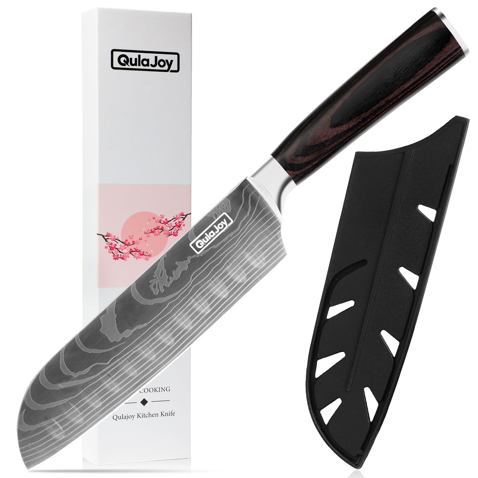 QulaJoy Japanese chef knife for home cooking with Damascus steel blade and wooden handle with protective black sheath