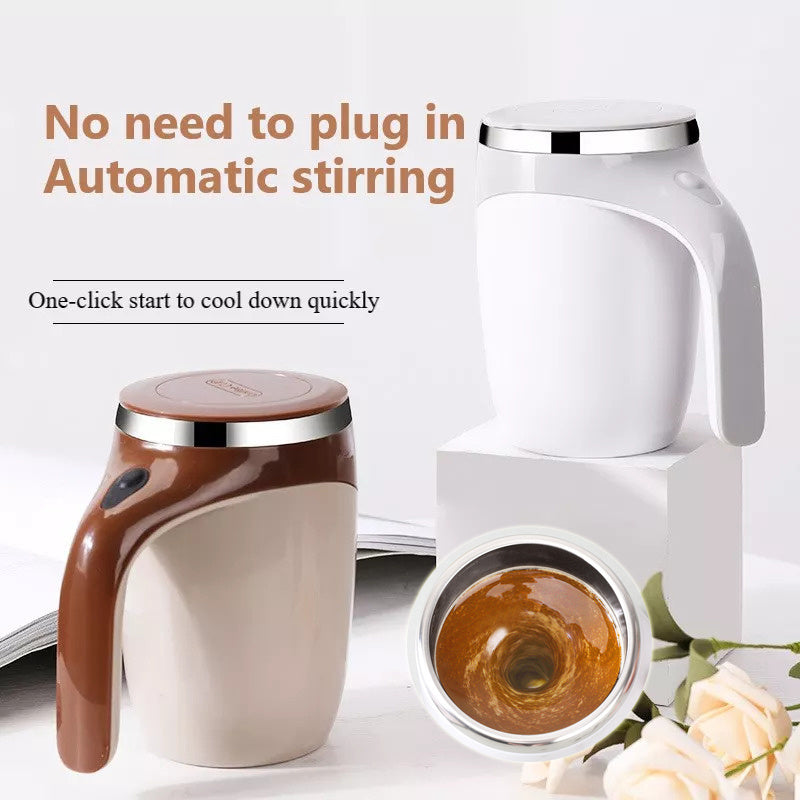 Shopi Vella rechargeable automatic stirring cup in brown and white with one-click start for easy mixing
