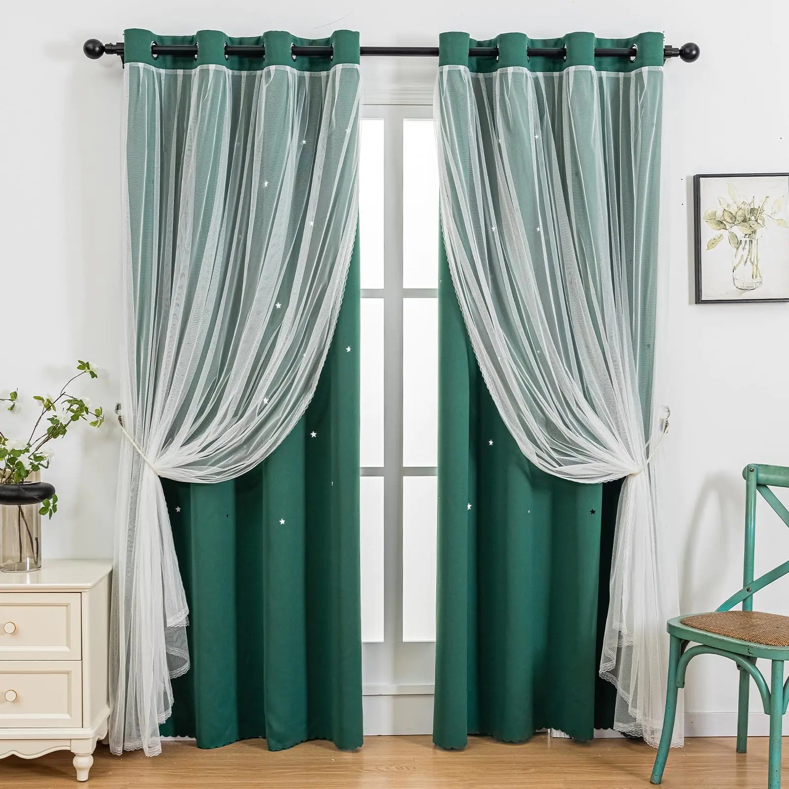 Shopi Vella green room darkening curtains for girls with white sheer overlay and tiebacks