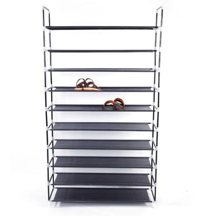 Shopi Vella ultra wide shoe rack with multiple black shelves holding sandals for organized footwear storage