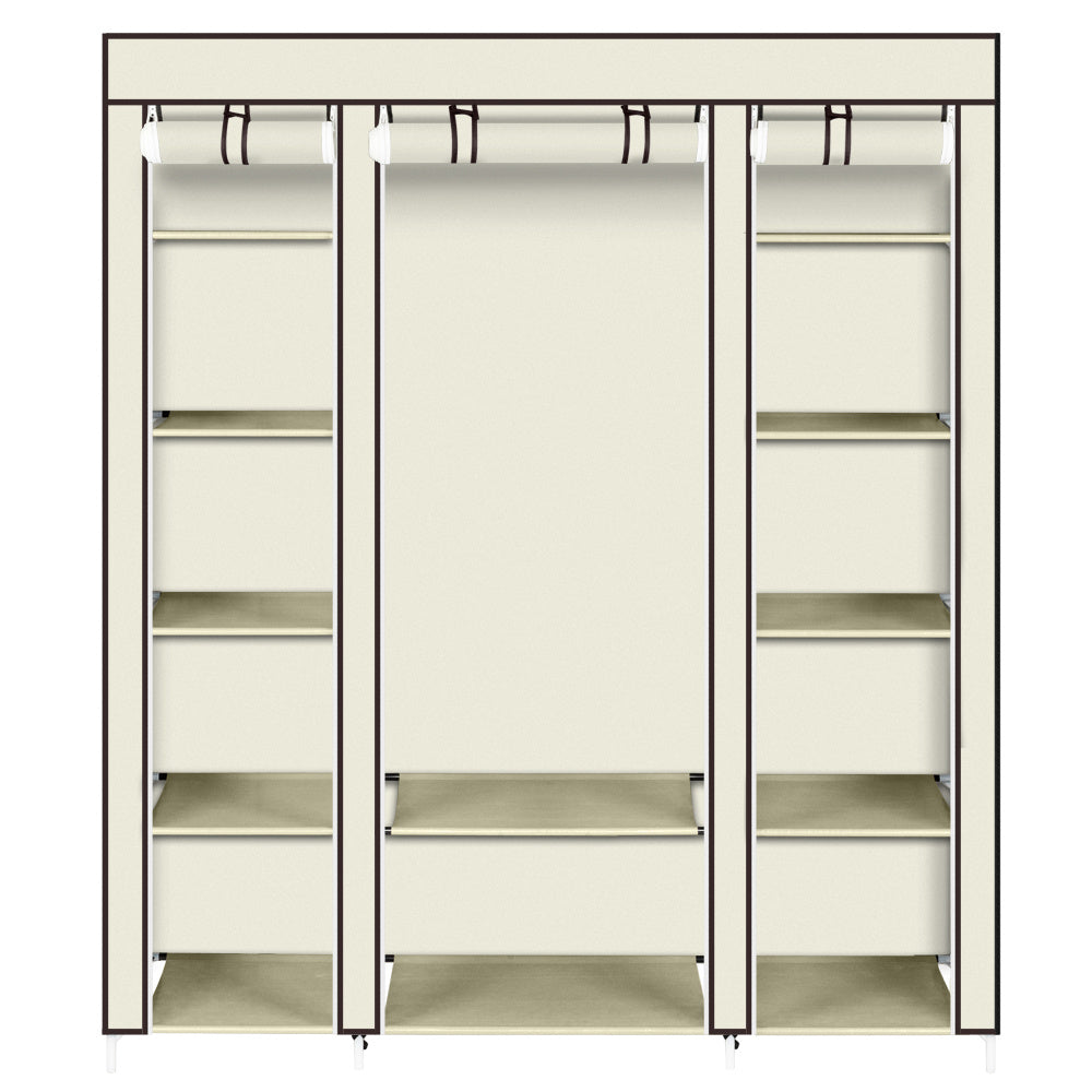 Shopi Vella 5 layer 12 compartment closet with beige fabric cover and multiple shelving for clothing storage