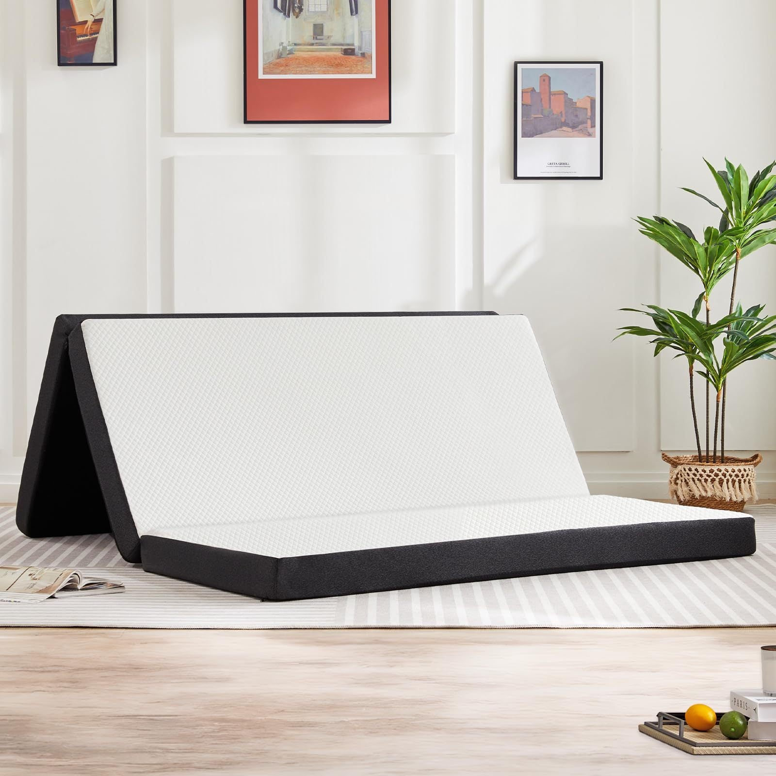 Shopi Vella foldable guest bed pad in white and black foam mattress for easy storage and comfort