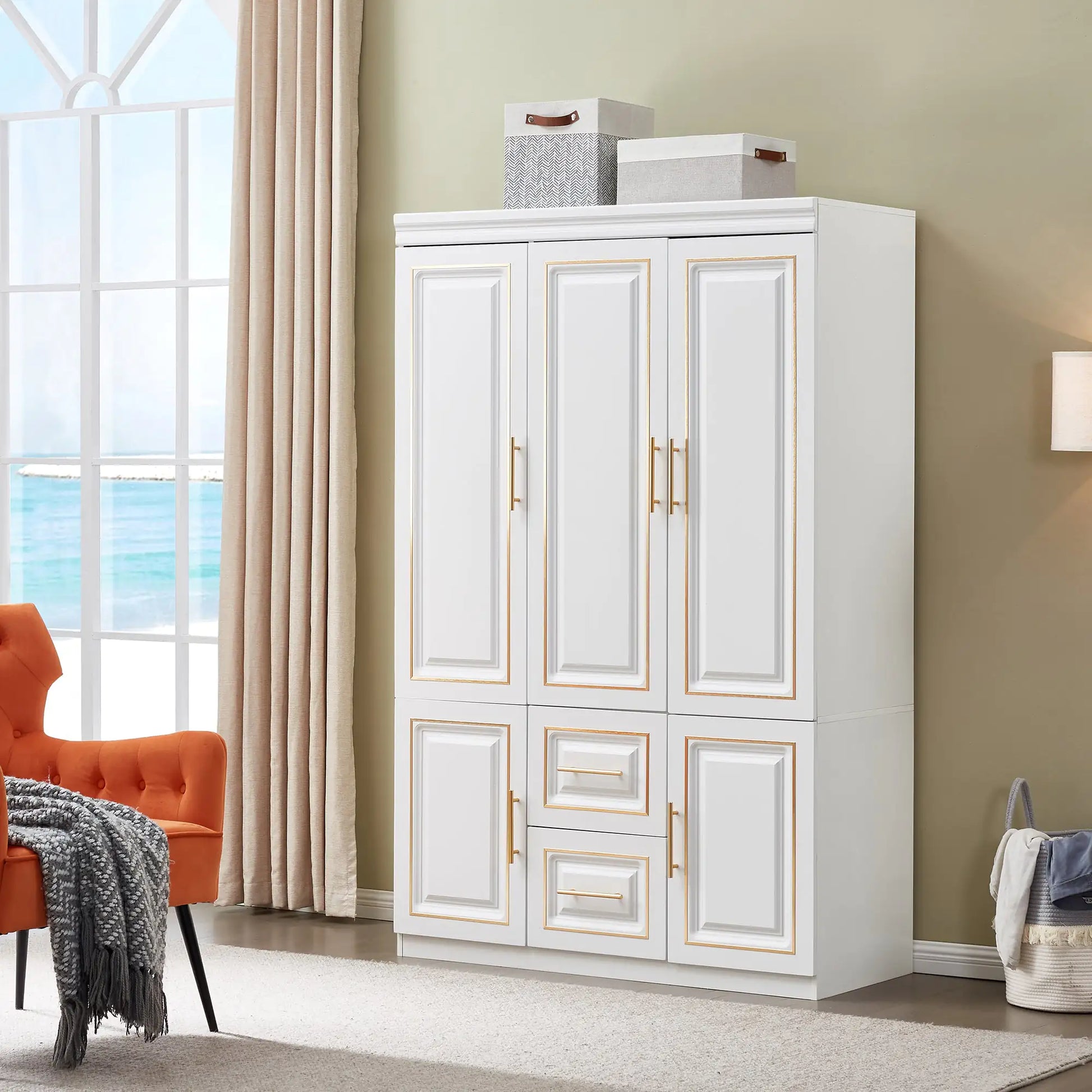 White freestanding clothes storage cabinet with multiple doors and drawers in a bright living room