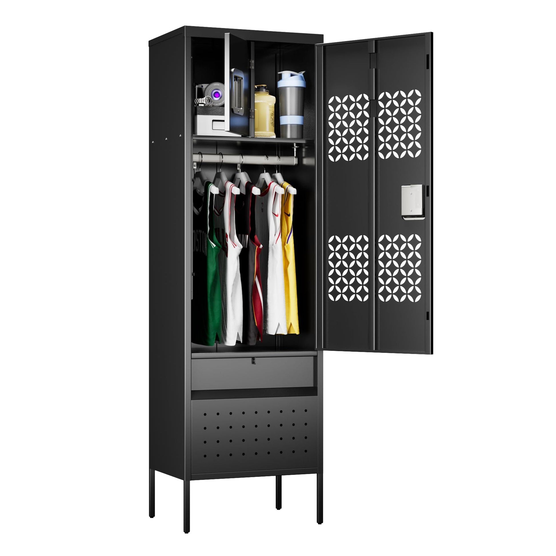 Shopi Vella black metal locker with hanging rod and perforated door storing clothes and accessories