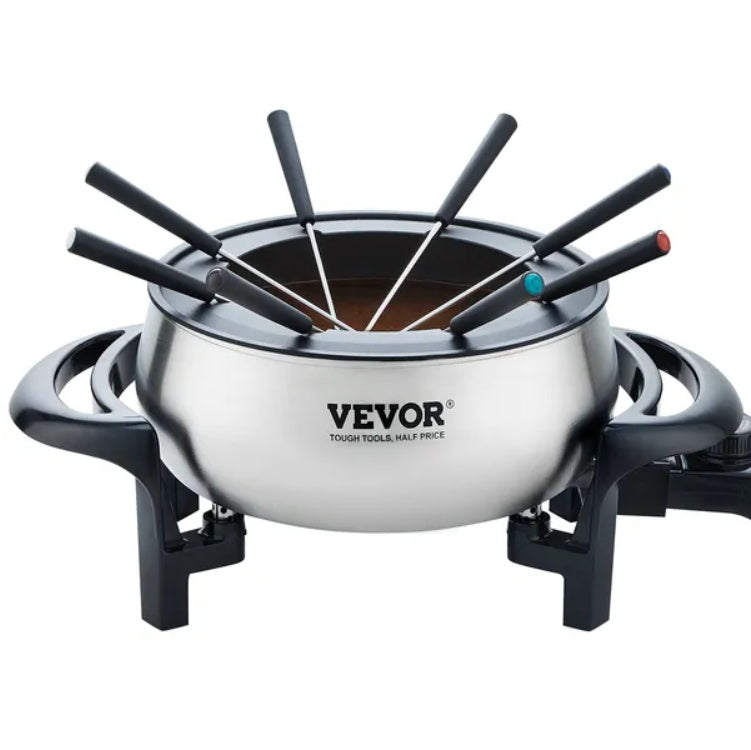 Shopi Vella fondue pot with temperature control in stainless steel with black handles and forks
