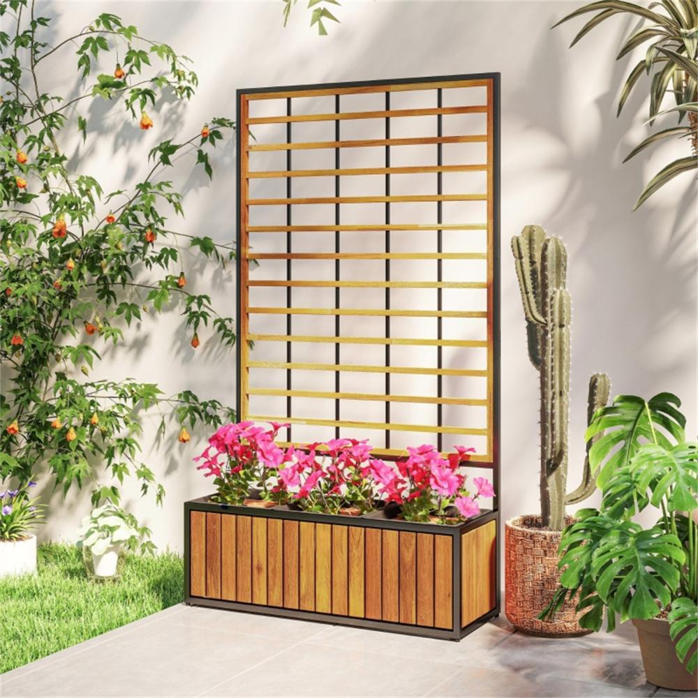 Shopi Vella wooden raised garden bed with trellis featuring pink flowers and surrounded by green plants