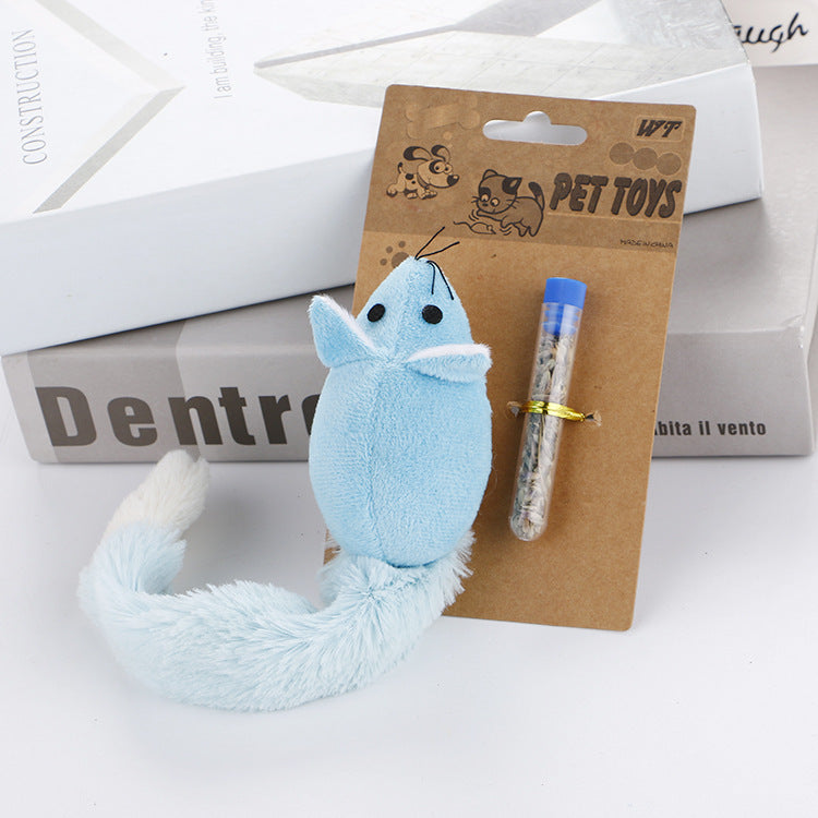Shopi Vella interactive mouse cat toy in blue with plush tail and included catnip vial for pet play