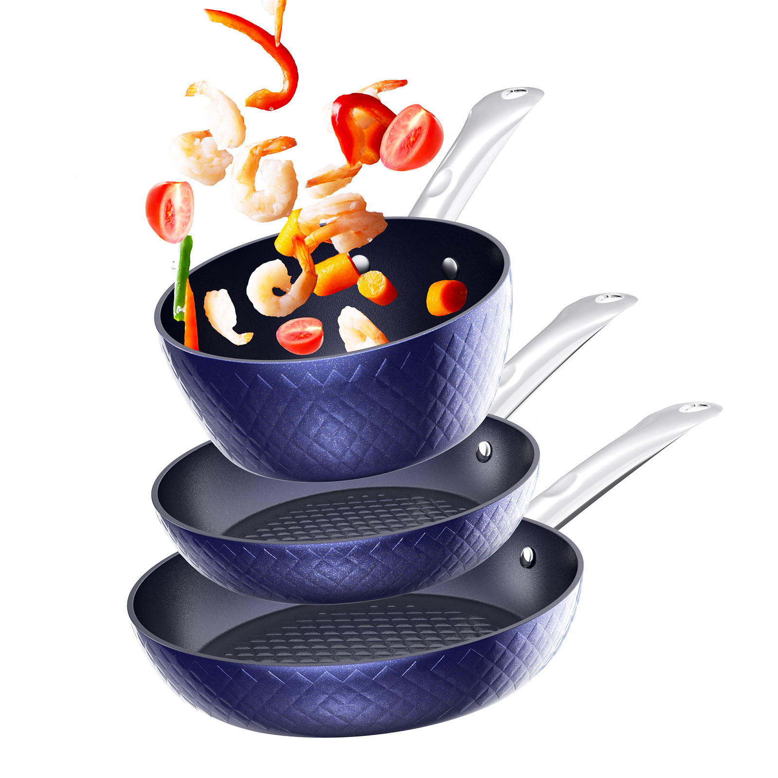 Set of durable kitchen utensils for home including nonstick frying pans and saucepans with colorful veggies and shrimp