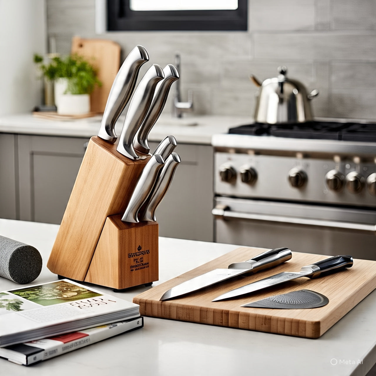 Best kitchen knives for home use set with stainless steel blades in wooden block on modern kitchen countertop