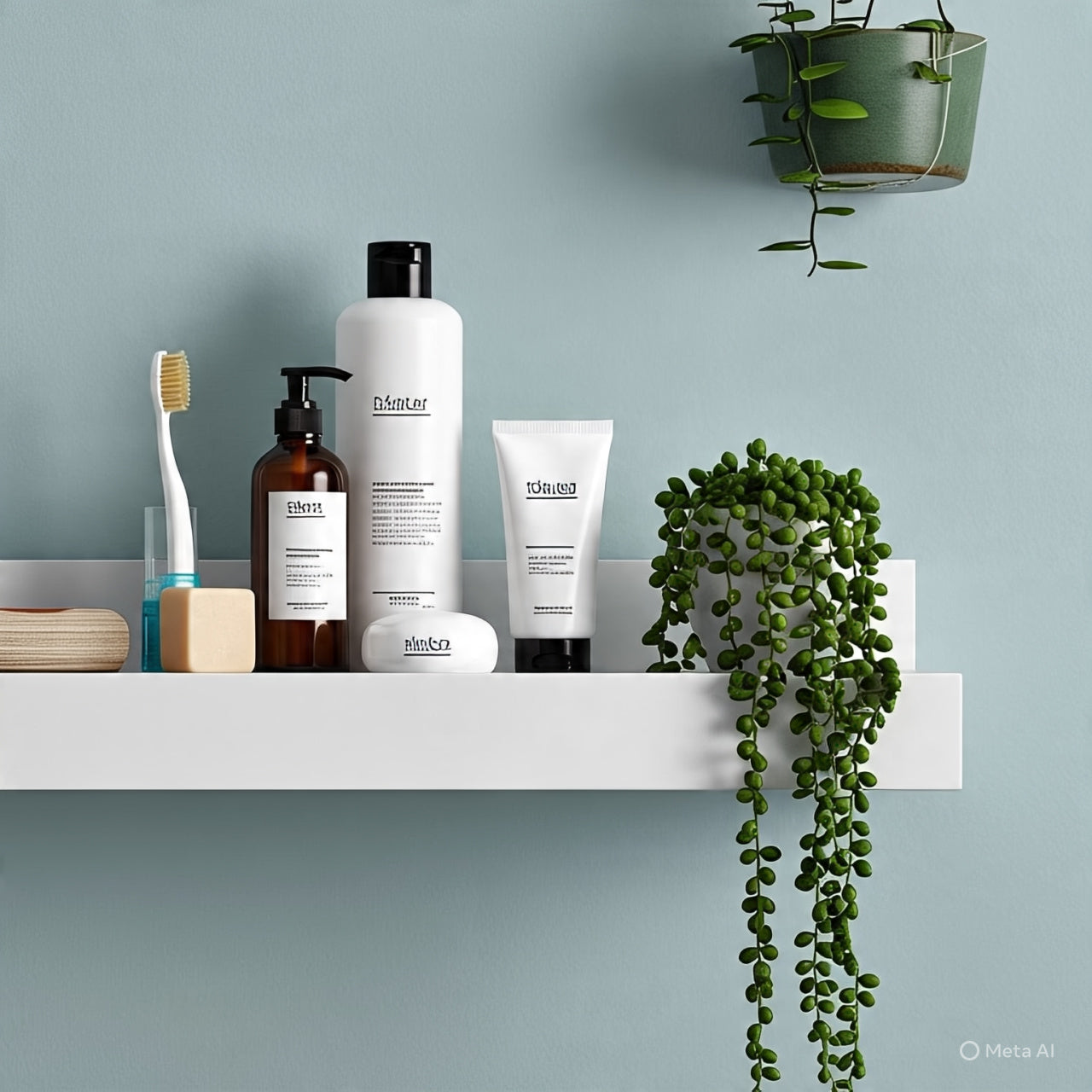 Modern bathroom storage solutions featuring a white floating shelf with toiletries and a hanging green plant