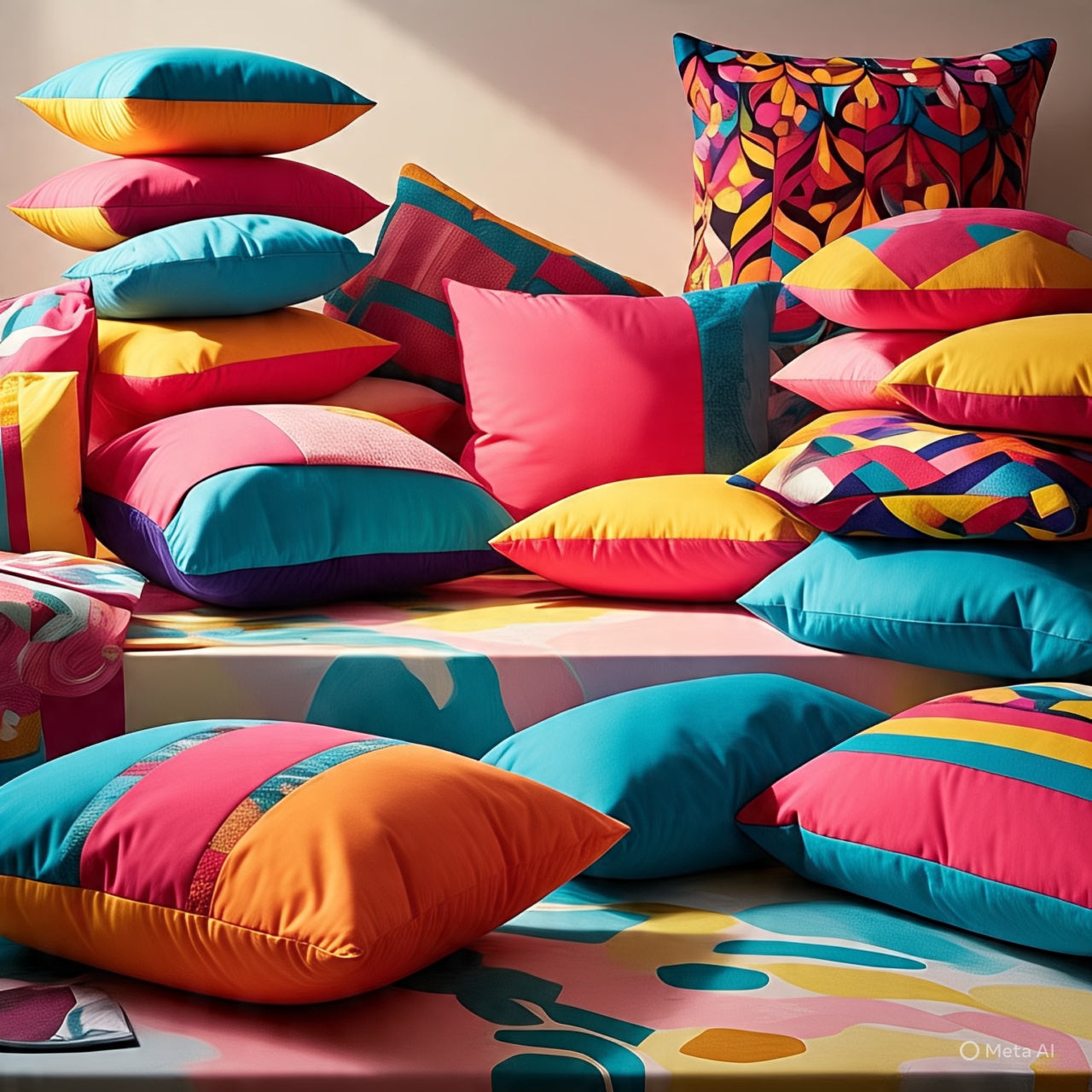 Colorful decorative pillows for living room in bright patterns and solid colors arranged on couch