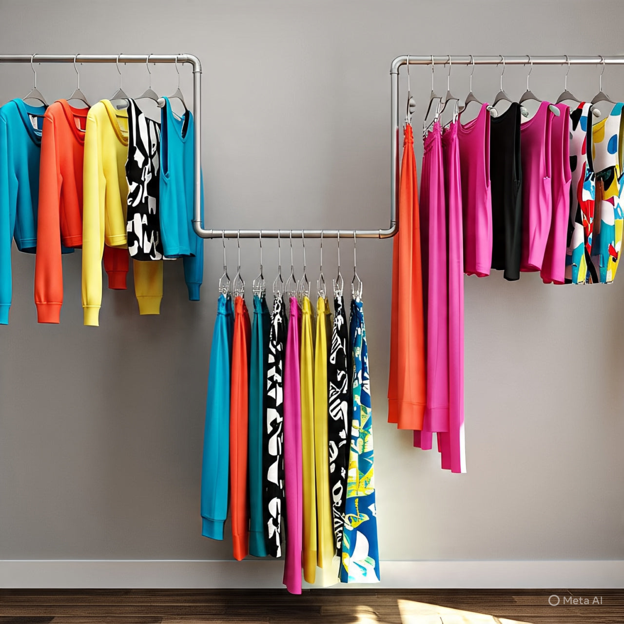 Clothes racks and shelves for bedroom with colorful hanging clothes organized neatly