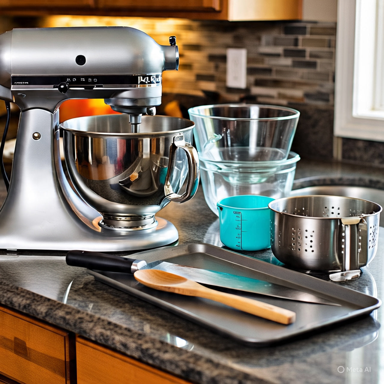 Modern kitchen organization with a silver stand mixer, glass bowls, measuring cup, colander, and baking tray on a granite countertop