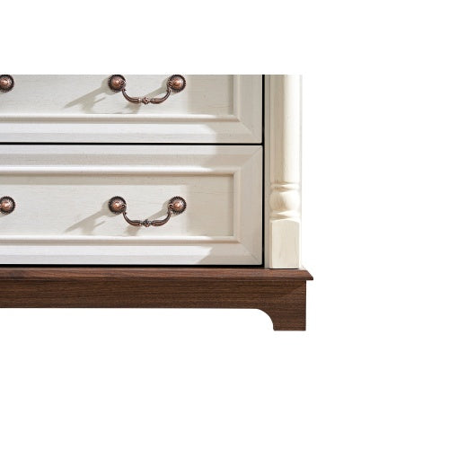 Close-up of white 10 drawer dresser for bedroom with bronze handles and wooden base by Shopi Vella