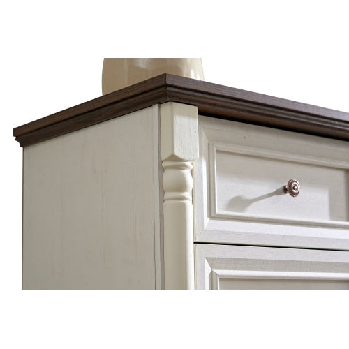 Close-up of a white and brown 10 drawer dresser for bedroom with detailed wood trim and knob