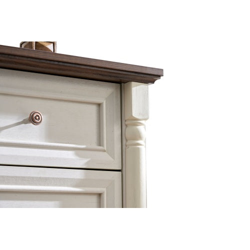 Close-up of Shopi Vella bathroom storage with wood top and detailed drawer front for 10 drawer dresser for bedroom