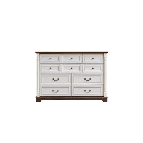 Shopi Vella 10 drawer dresser for bedroom in white with dark wood top and classic drawer handles