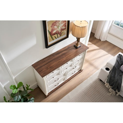 Shopi Vella 10 drawer dresser for bedroom with white body and wood top in a modern living space