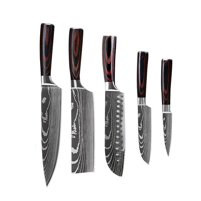 Shopi Vella 10 piece cooking knife set with wooden handles and patterned blades