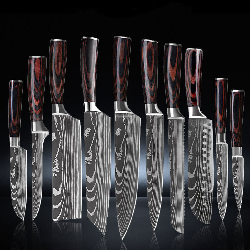 Shopi Vella 10 piece cooking knife set with dark wooden handles and patterned stainless steel blades