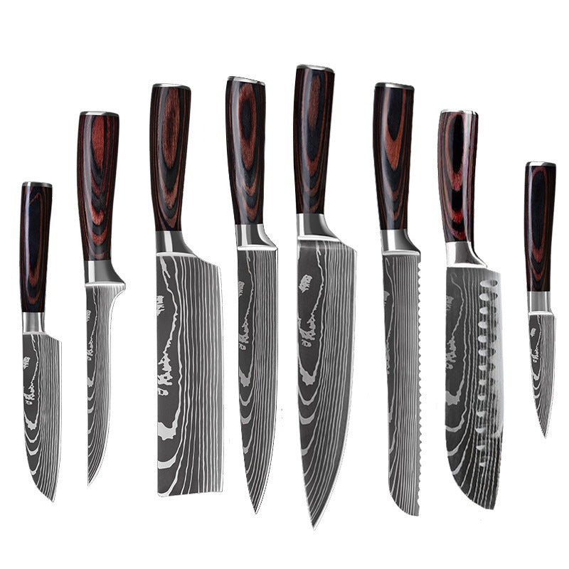10 piece cooking knife set with damascus steel blades and dark wood handles for precision cutting