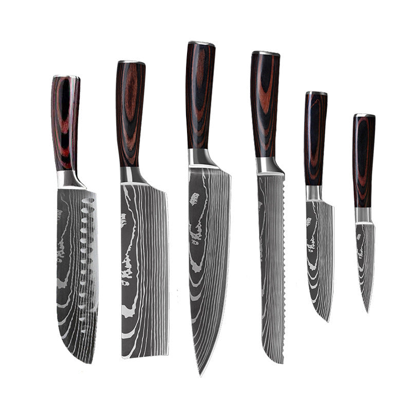 Shopi Vella 10 piece cooking knife set with dark wood handles and patterned stainless steel blades