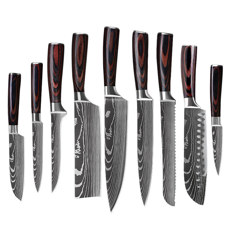 10 piece cooking knife set with dark wooden handles and patterned blades for efficient kitchen use