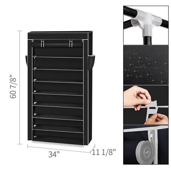 Black 10 tier shoe rack with cover from Shopi Vella showing dimensions and waterproof fabric details