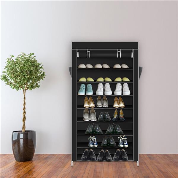 Shopi Vella 10 tier shoe rack with cover in black holding various shoes in a modern room