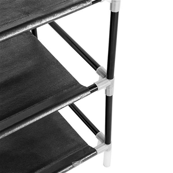 Close-up of black 10 tier shoe rack with cover showing fabric shelves and metal frame