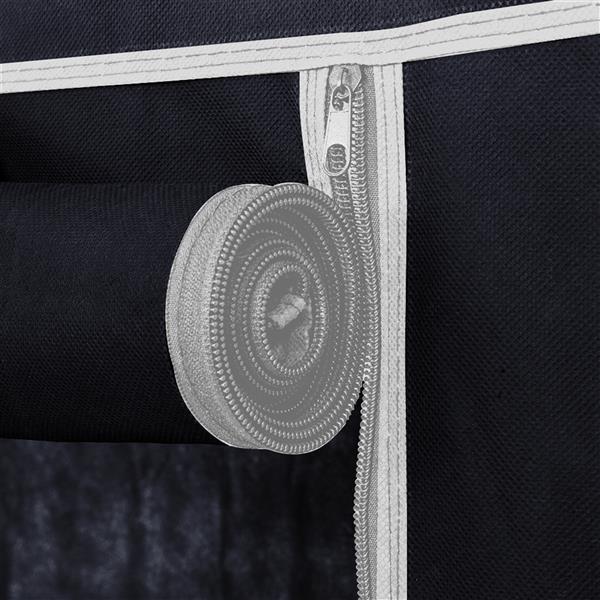 Close-up of zipper on black fabric for 10 tier shoe rack with cover by Shopi Vella