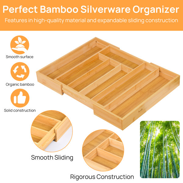 Shopi Vella bamboo storage box for drawers with smooth surface and expandable sliding compartments
