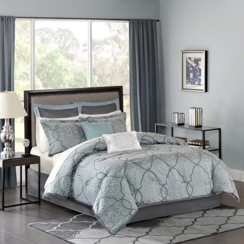 12 piece blue comforter set cal king by Shopi Vella with decorative pillows and patterned design