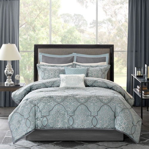 Shopi Vella 12 piece blue comforter set cal king with intricate patterned bedding in a modern bedroom