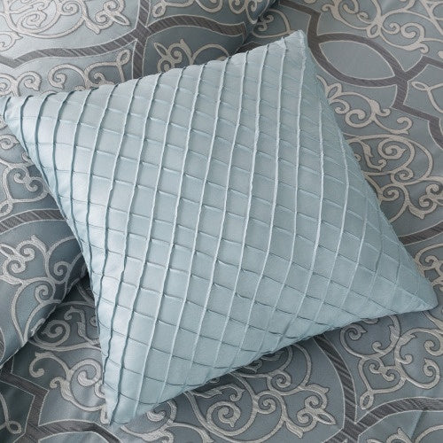 Shopi Vella 12 piece blue comforter set cal king with patterned bedding and textured blue decorative pillow