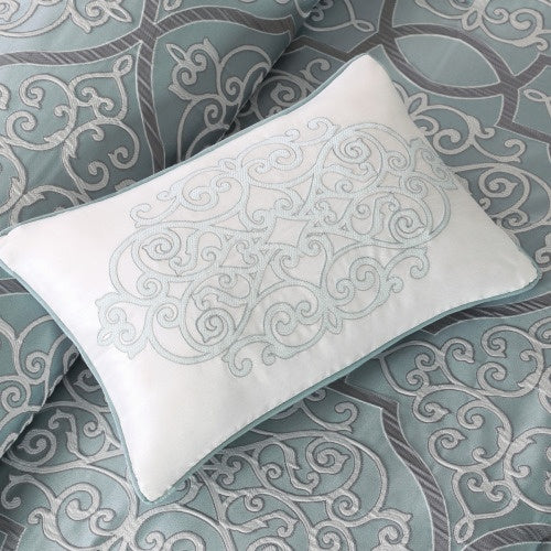 12 piece blue comforter set cal king with intricate white and blue embroidered pillow and patterned bedding