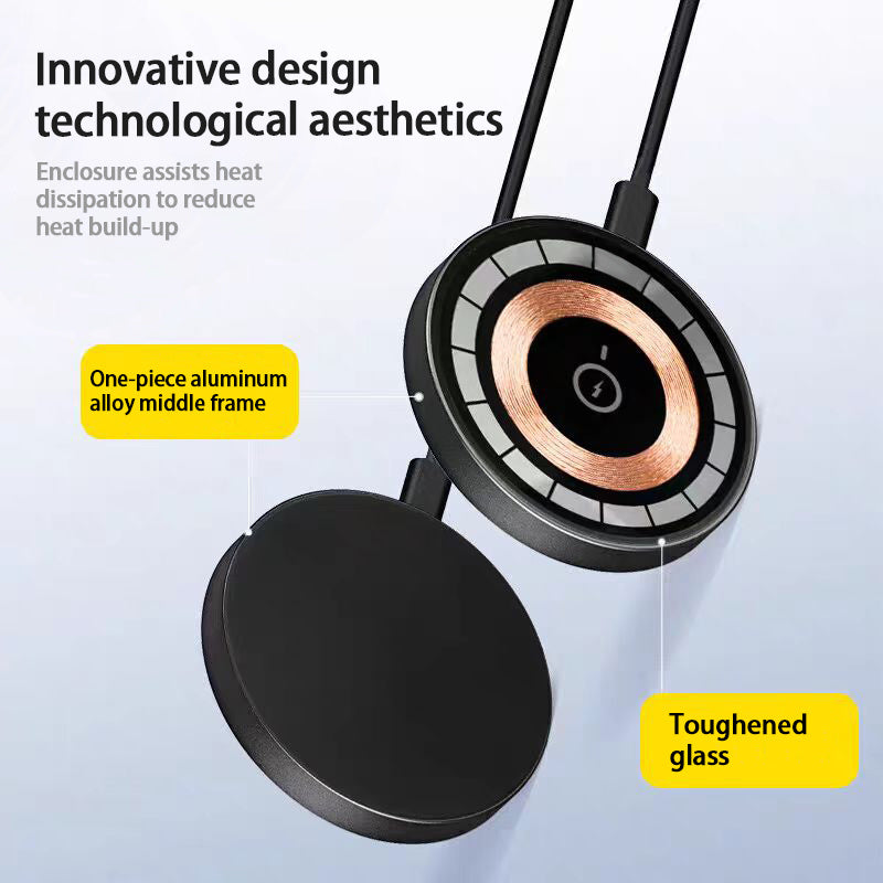 Shopi Vella 15W magnetic wireless charger with one-piece aluminum alloy frame and toughened glass design