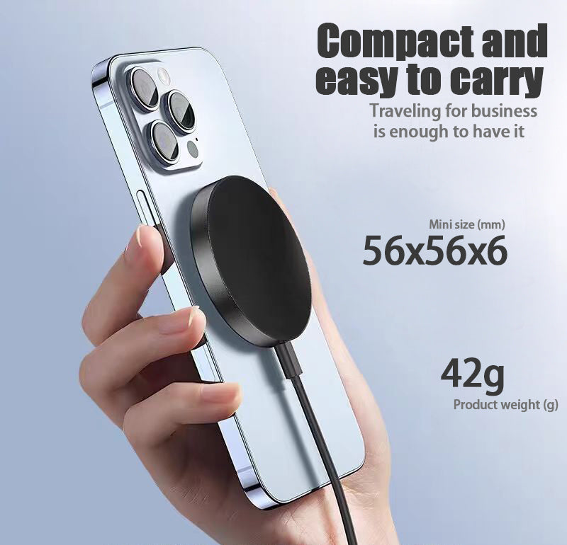 15W magnetic wireless charger attached to a smartphone showing compact and easy to carry design