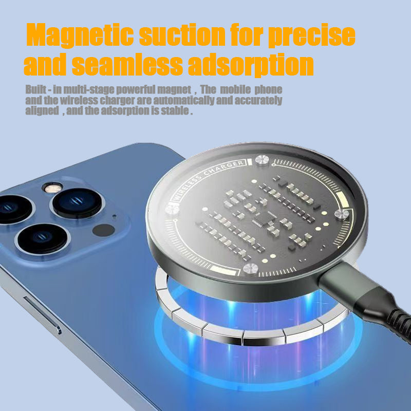 Shopi Vella 15W magnetic wireless charger showing magnetic suction on a smartphone back