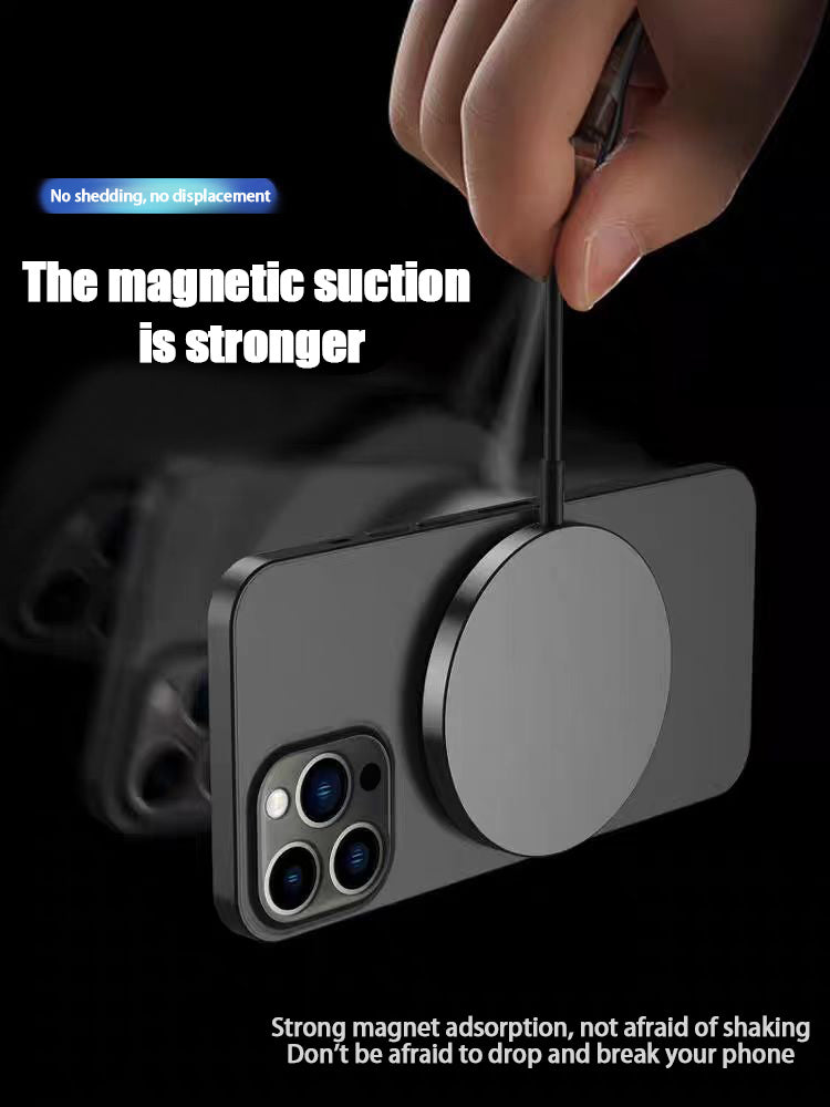 Shopi Vella 15W magnetic wireless charger attached to black smartphone with strong magnetic suction
