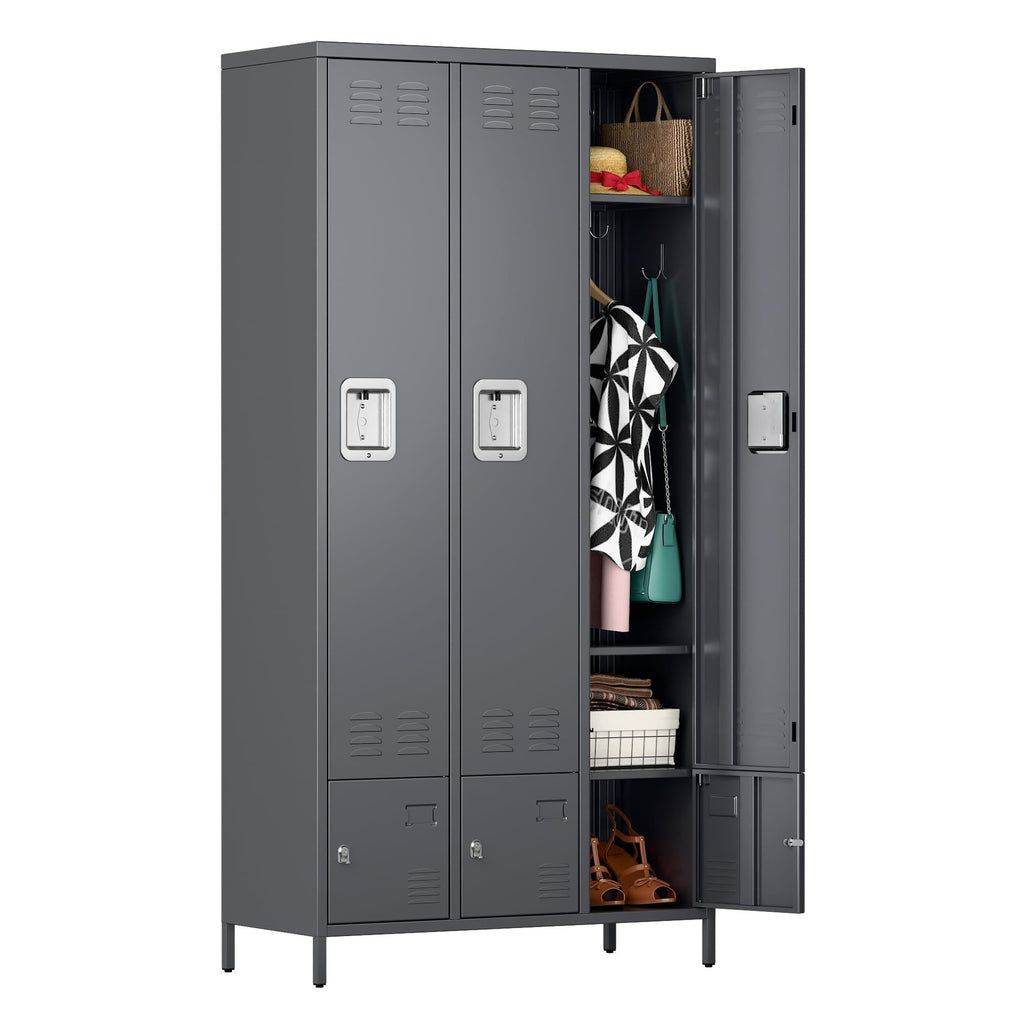 Shopi Vella metal storage locker with doors in gray holding clothes bags and shoes
