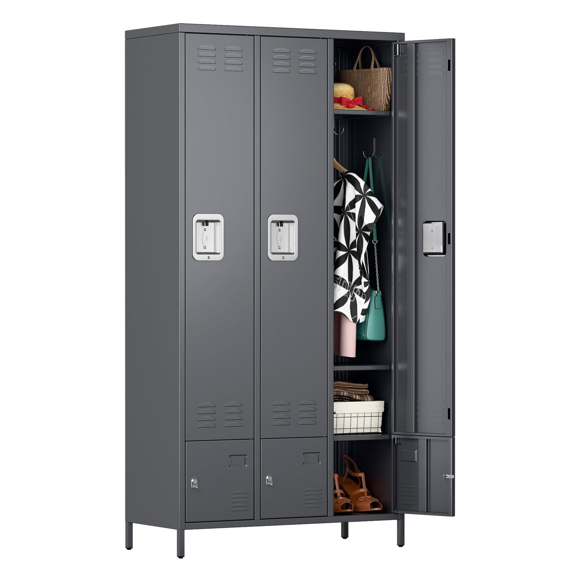 Shopi Vella metal storage locker with doors in gray holding clothes bags and shoes