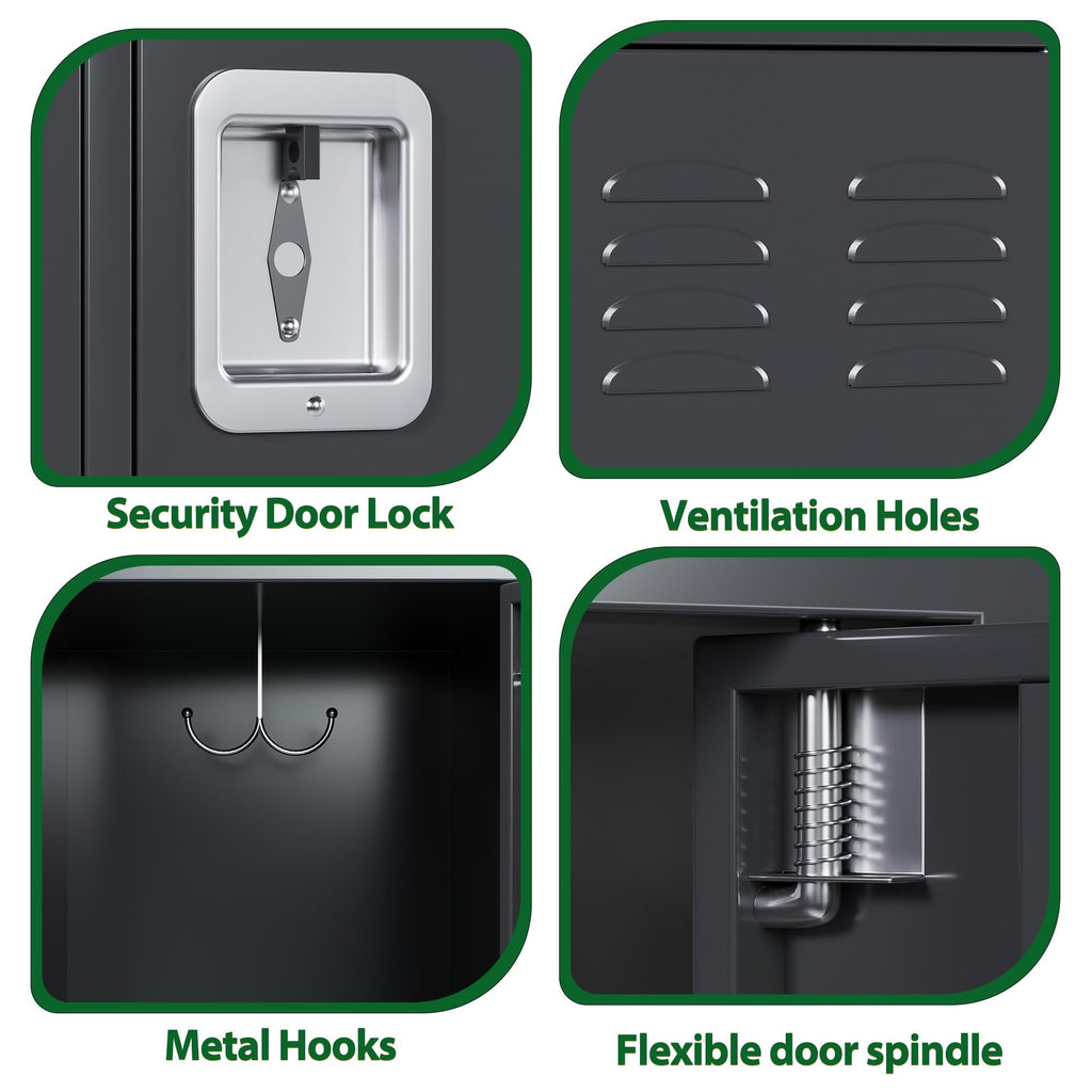Close-up features of metal storage locker with doors including security door lock ventilation holes metal hooks and flexible door spindle